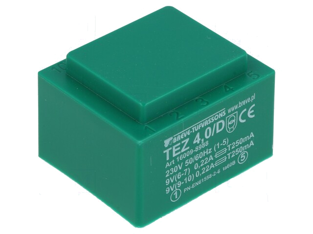 Transformator: ingegoten; 4VA; 230VAC; 9V; 9V; 222,2mA; 222,2mA; PCB Transformator: ingegoten; 4VA; 230VAC; 9V; 9V; 222,2mA; 222,2mA; PCB
